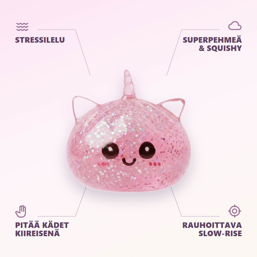Unicorn Glitter Dumpling Squishy Pinkki infografiikka: tärkeimmät edut