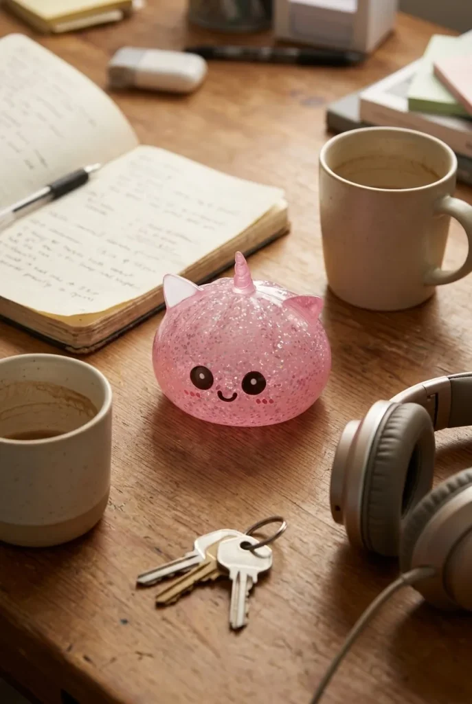 Unicorn Glitter Dumpling Squishy Pinkki työpöydällä