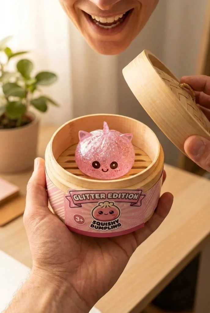 Unicorn Glitter Dumpling Squishy Pinkki avauksen hetkellä
