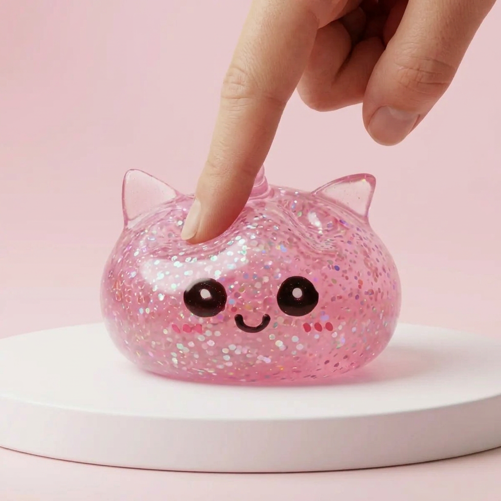 Unicorn Glitter Dumpling Squishy Pinkki puristettuna kädessä