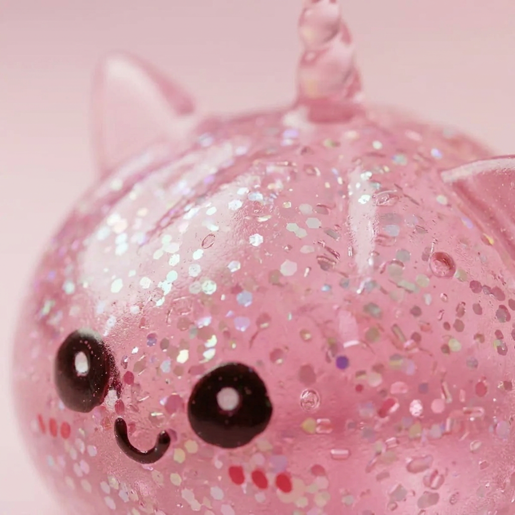 Unicorn Glitter Dumpling Squishy Pinkki makrokuva vaahdon pinnasta