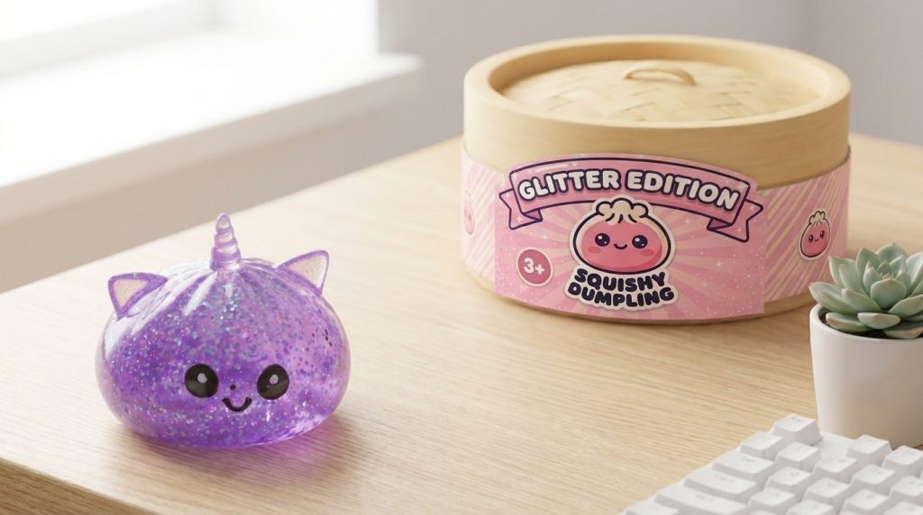 Glitter Dumpling Squishy Yksisarvinen Violetti arkisessa asetelmassa