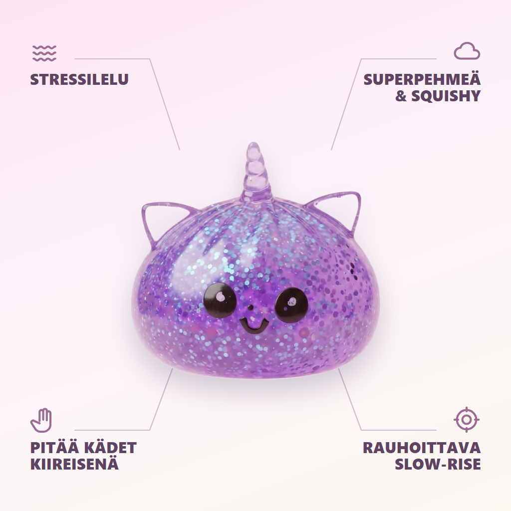 Glitter Dumpling Squishy Yksisarvinen Violetti infografiikka: tärkeimmät edut