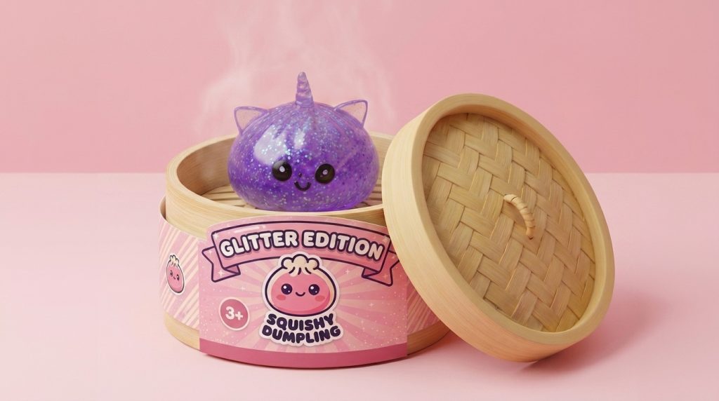 Glitter Dumpling Squishy Yksisarvinen Violetti bambutyylisessä höyrytyskorissa