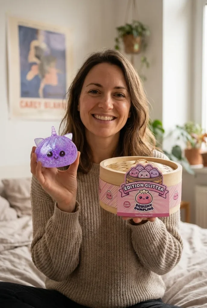 Glitter Dumpling Squishy Yksisarvinen Violetti pakkauksensa kanssa