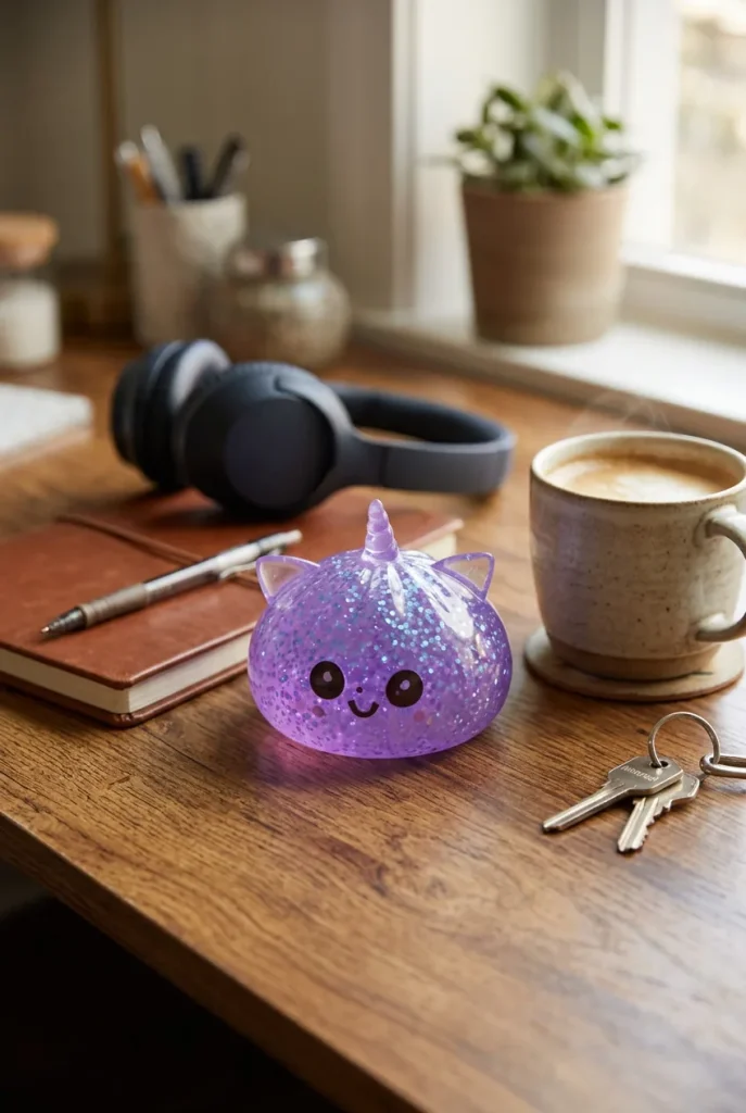 Glitter Dumpling Squishy Yksisarvinen Violetti työpöydällä