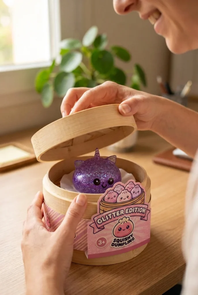 Glitter Dumpling Squishy Yksisarvinen Violetti avauksen hetkellä