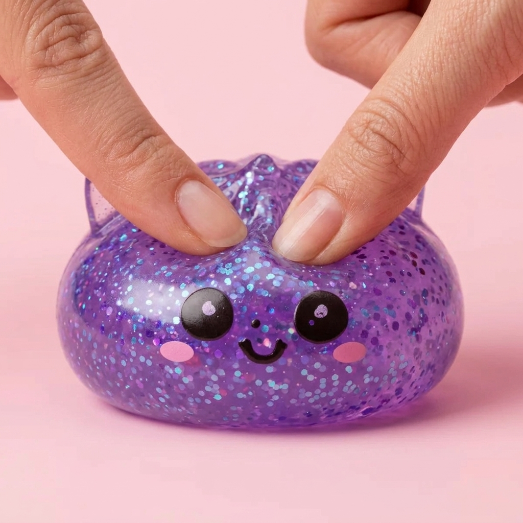 Glitter Dumpling Squishy Yksisarvinen Violetti puristettuna kädessä