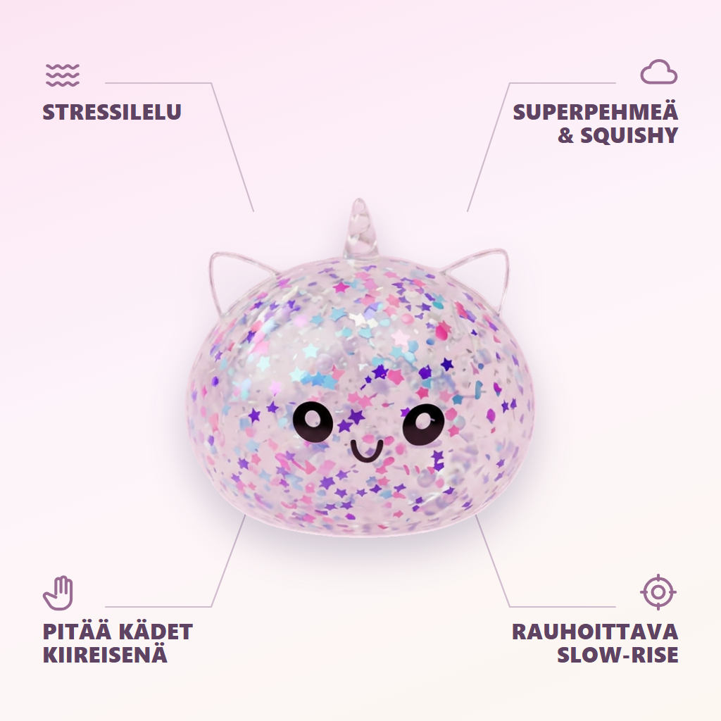Dumpling Squishy Sparkle Yksisarvinen Valkoinen infografiikka: tärkeimmät edut