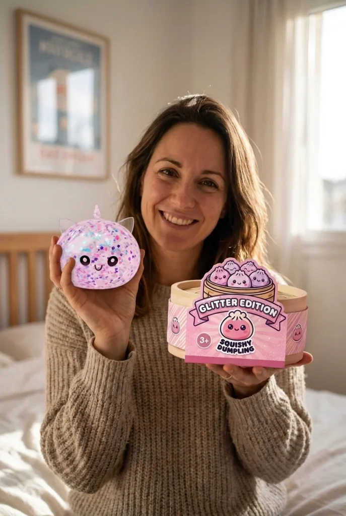 Dumpling Squishy Sparkle Yksisarvinen Valkoinen pakkauksensa kanssa