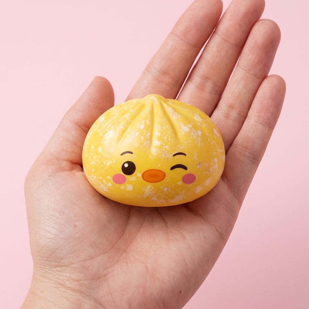 Squishy Dumpling Pingviini Keltainen kädessä — kokovertailu