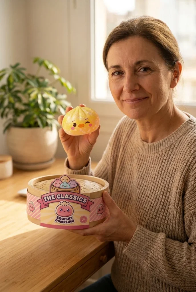 Squishy Dumpling Pingviini Keltainen pakkauksensa kanssa