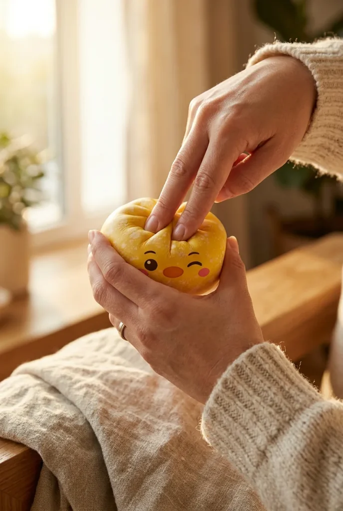 Squishy Dumpling Pingviini Keltainen puristuksessa
