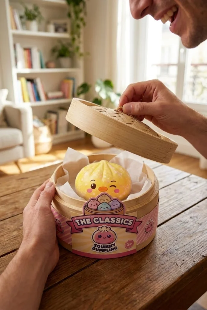 Squishy Dumpling Pingviini Keltainen avauksen hetkellä