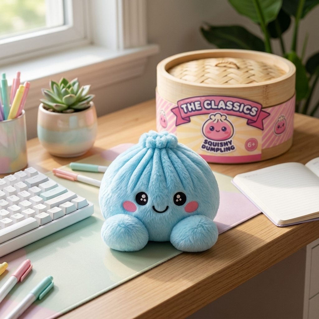 Squishy Dumpling Taivaansininen Plyysihahmo arkisessa asetelmassa
