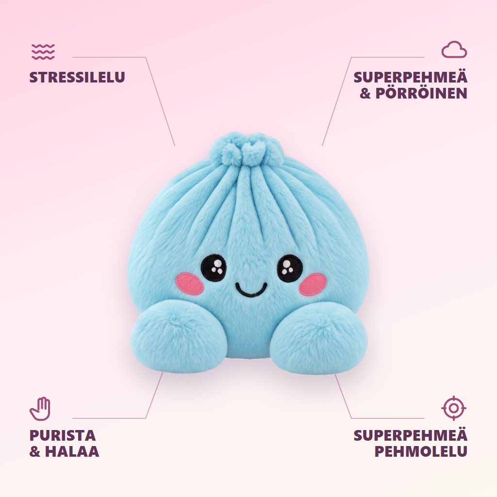 Squishy Dumpling Taivaansininen Plyysihahmo infografiikka: tärkeimmät edut