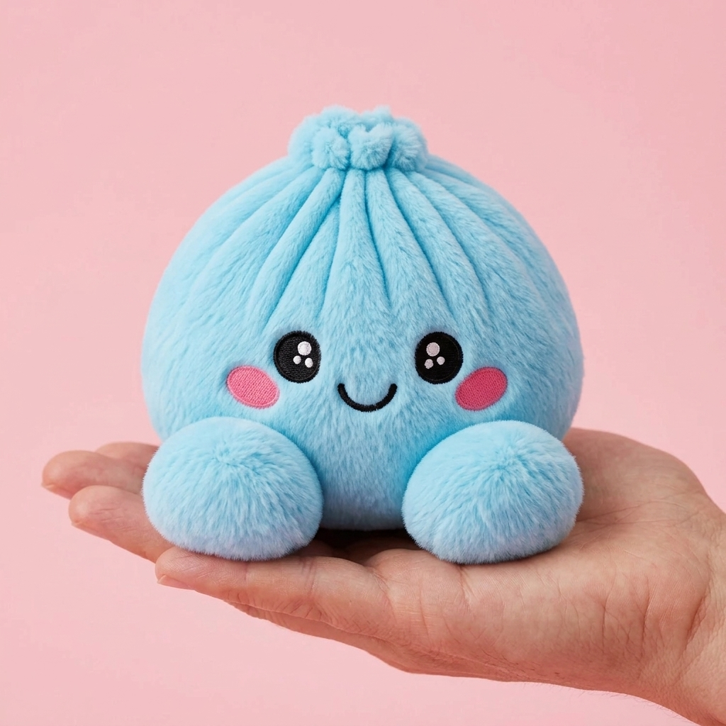 Squishy Dumpling Taivaansininen Plyysihahmo kädessä — kokovertailu
