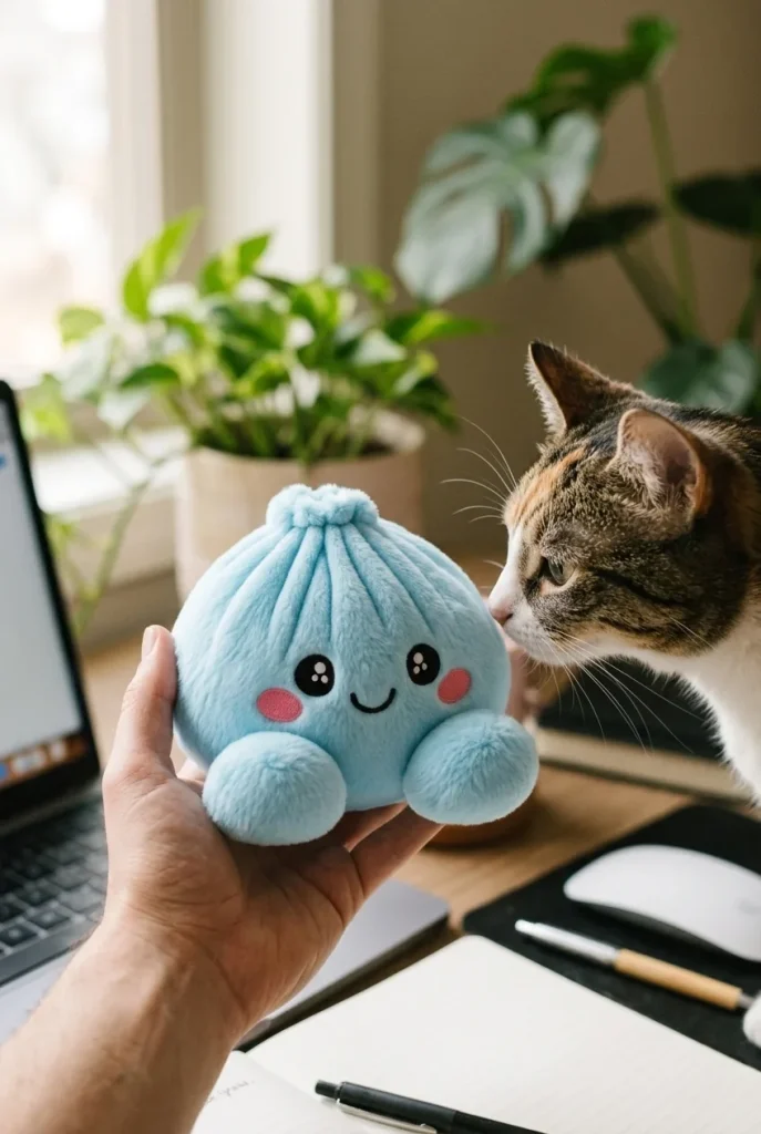 Squishy Dumpling Taivaansininen Plyysihahmo pehmolelun seurassa