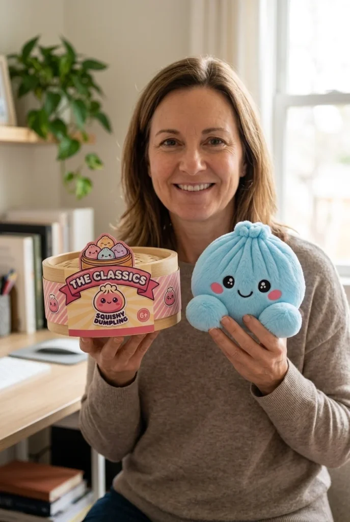Squishy Dumpling Taivaansininen Plyysihahmo pakkauksensa kanssa