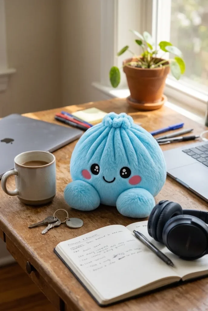 Squishy Dumpling Taivaansininen Plyysihahmo työpöydällä