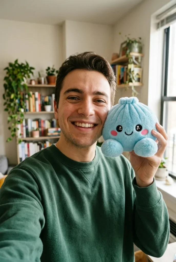 Squishy Dumpling Taivaansininen Plyysihahmo arjen keskellä