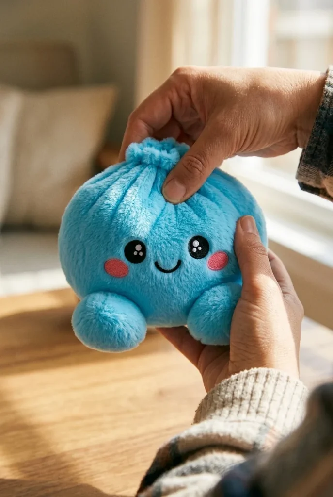 Squishy Dumpling Taivaansininen Plyysihahmo puristuksessa