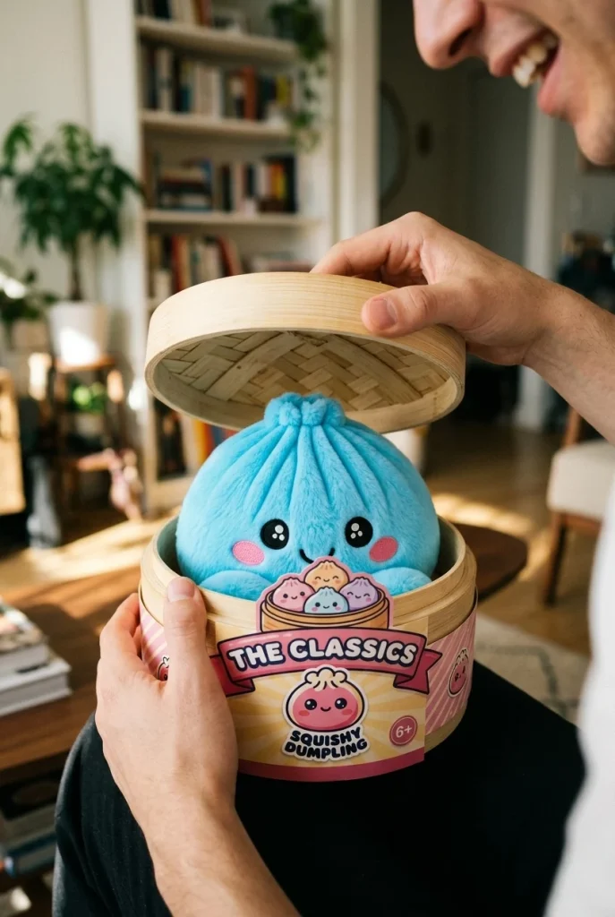 Squishy Dumpling Taivaansininen Plyysihahmo avauksen hetkellä