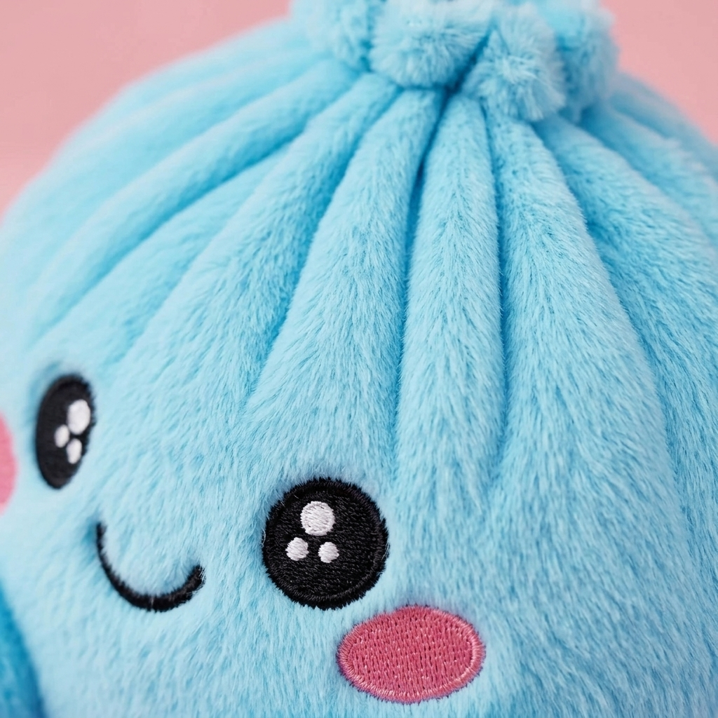 Squishy Dumpling Taivaansininen Plyysihahmo makrokuva vaahdon pinnasta