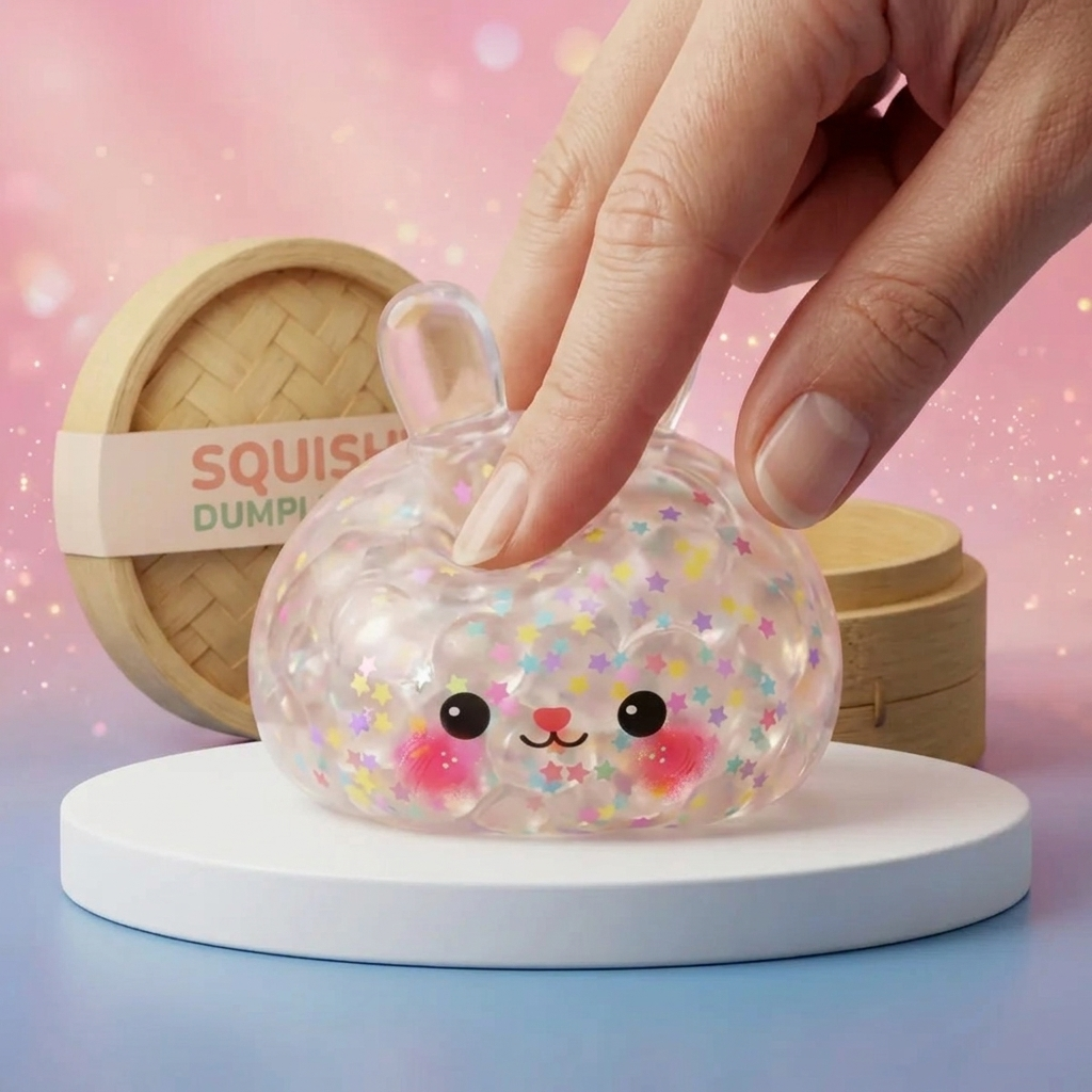 Bunny Dumpling Squishy Konfetti puristettuna kädessä