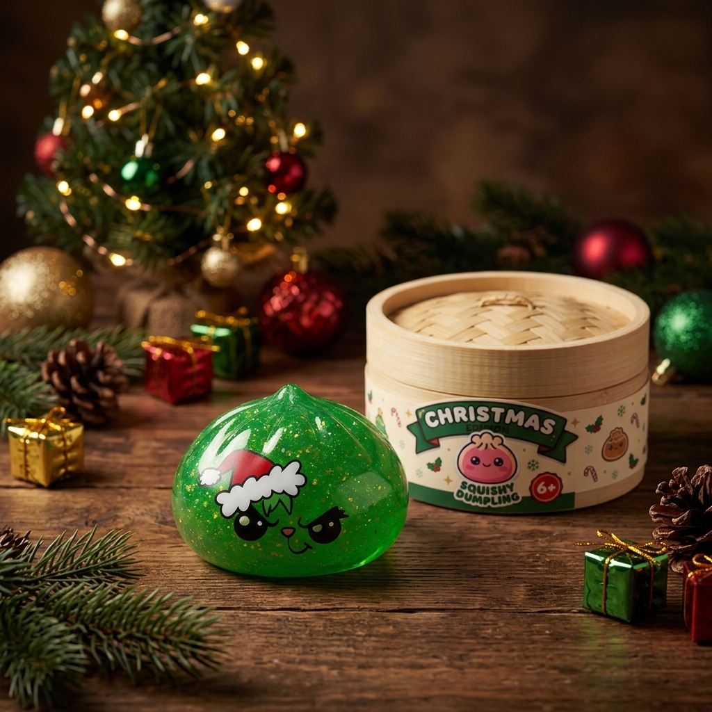 Äkäinen Joulu Dumpling Squishy Glitter Vihreä arkisessa asetelmassa