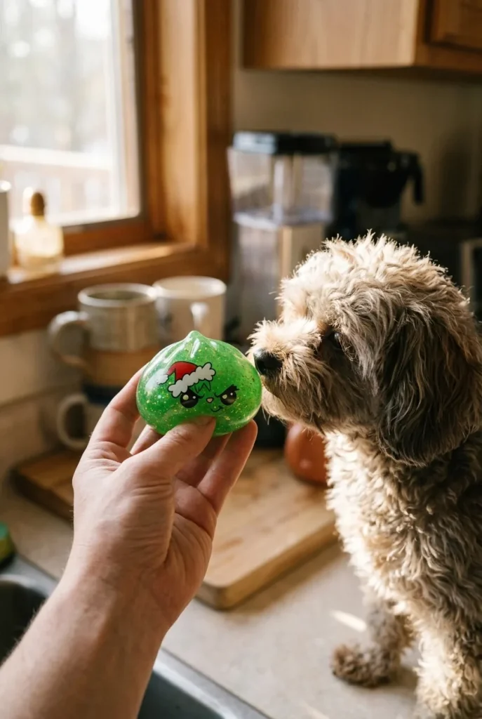 Äkäinen Joulu Dumpling Squishy Glitter Vihreä pehmolelun seurassa