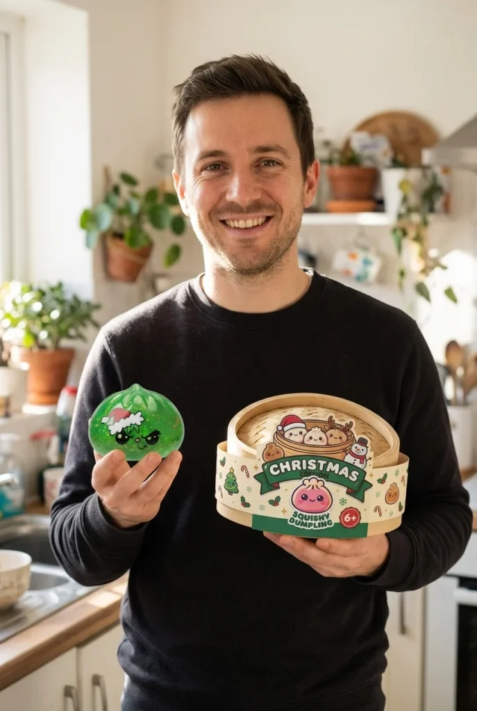 Äkäinen Joulu Dumpling Squishy Glitter Vihreä pakkauksensa kanssa