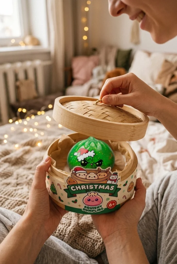 Äkäinen Joulu Dumpling Squishy Glitter Vihreä avauksen hetkellä