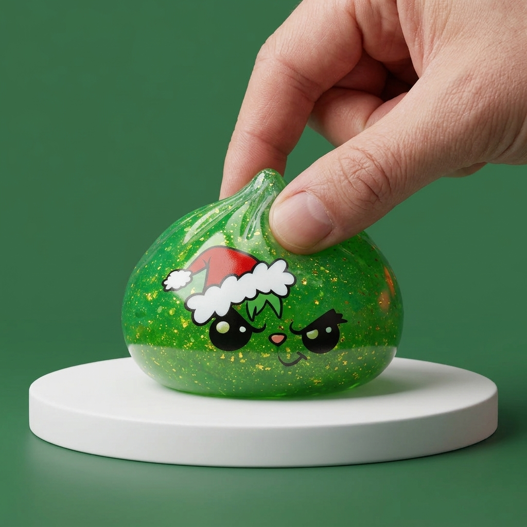 Äkäinen Joulu Dumpling Squishy Glitter Vihreä puristettuna kädessä
