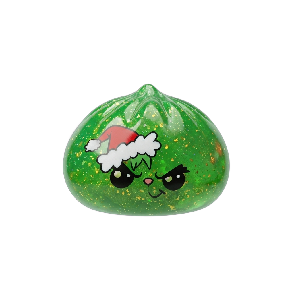 Äkäinen Joulu Dumpling Squishy Glitter Vihreä puristettuna kädessä