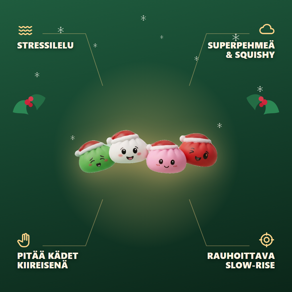 Dumpling Squishy Joulupipo -setti 4 kpl infografiikka: tärkeimmät edut