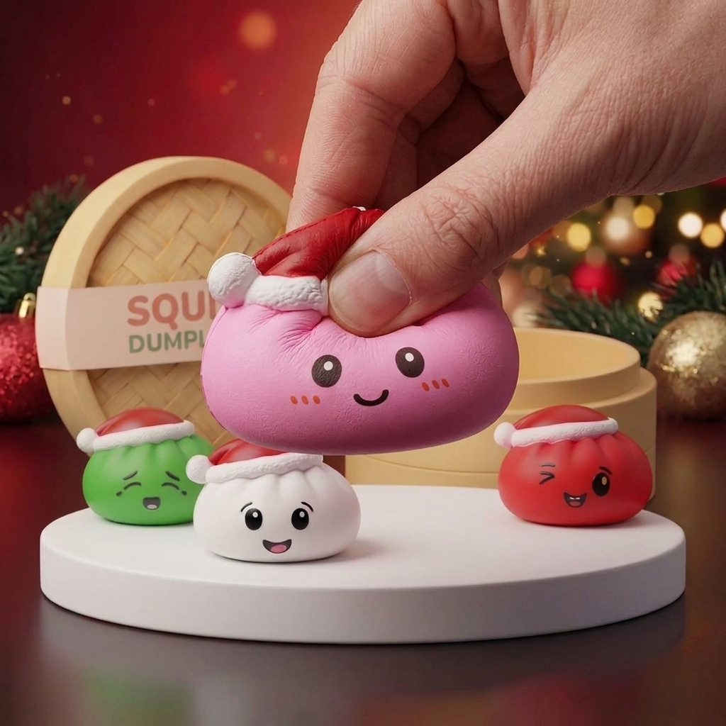 Dumpling Squishy Joulupipo -setti 4 kpl slow rise -efekti toiminnassa