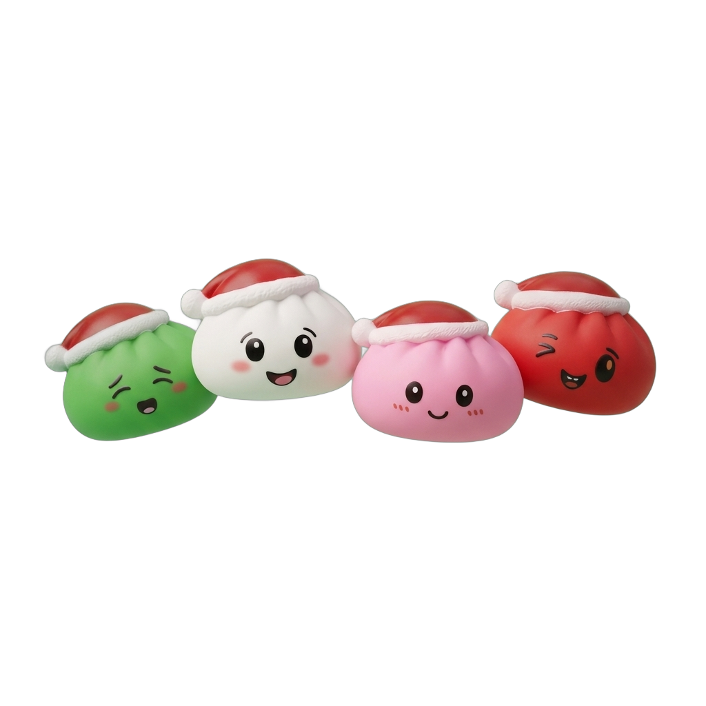 Dumpling Squishy Joulupipo -setti 4 kpl puristettuna kädessä