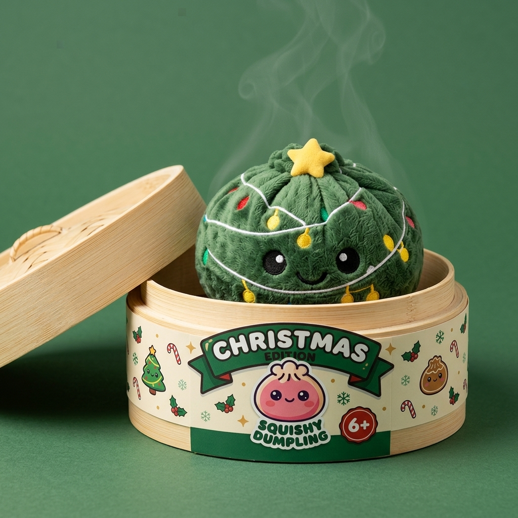 Dumpling Squishy Joulukuusi Kimalteleva bambutyylisessä höyrytyskorissa