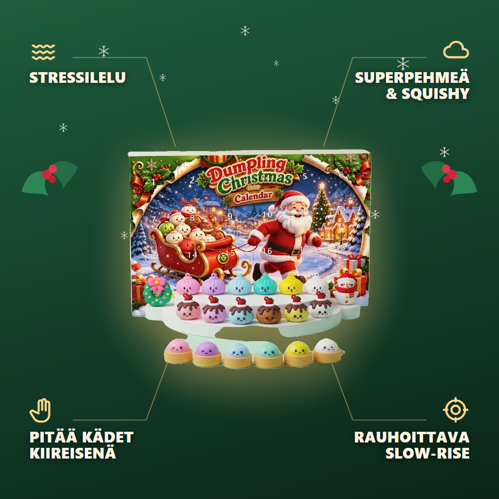 Dumpling Squishy Joulukalenteri Joulupukin Reki 24 kpl infografiikka: tärkeimmät edut