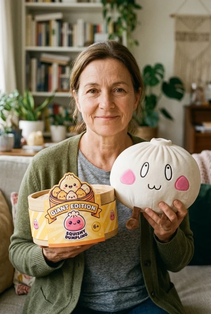 Squishy Dumpling Giant Iloinen Naama pakkauksensa kanssa
