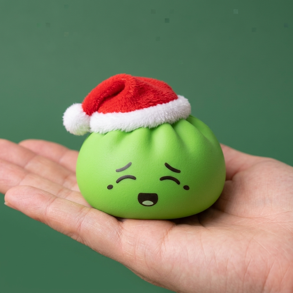 Dumpling Squishy Joulupipo Tonttu Vihreä kädessä — kokovertailu