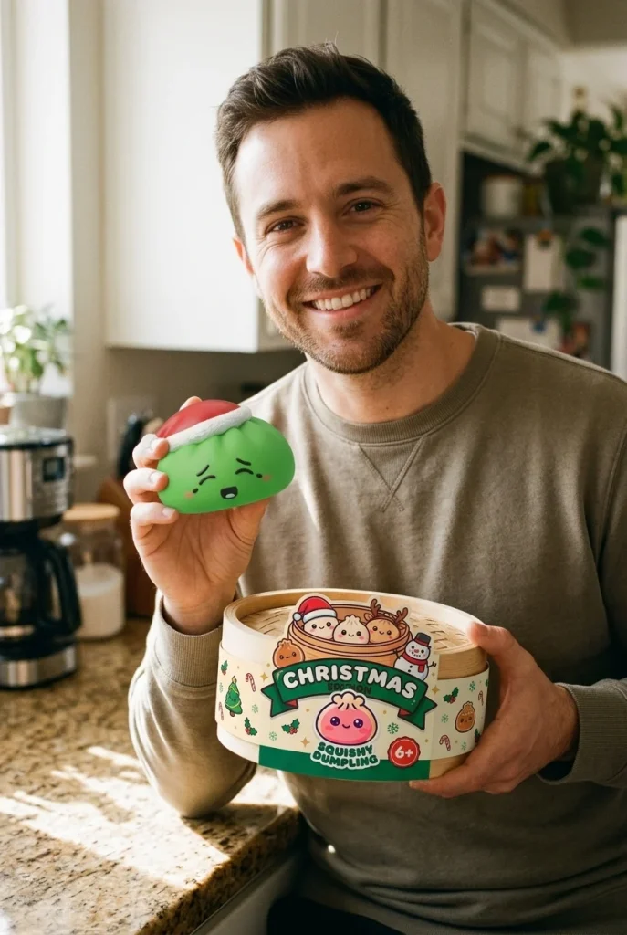 Dumpling Squishy Joulupipo Tonttu Vihreä pakkauksensa kanssa