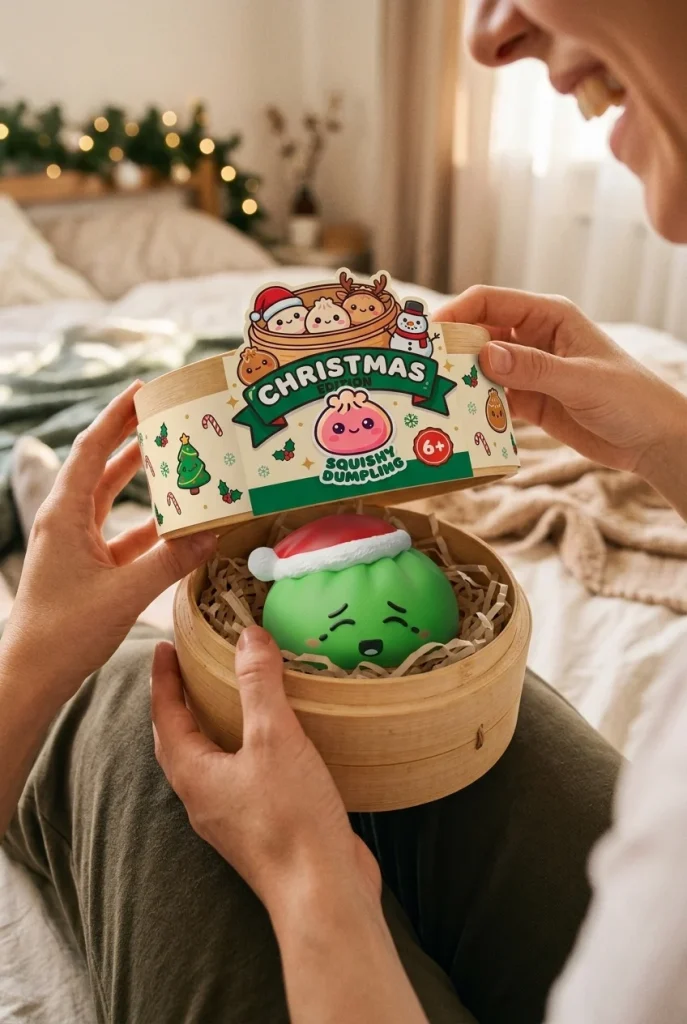 Dumpling Squishy Joulupipo Tonttu Vihreä avauksen hetkellä