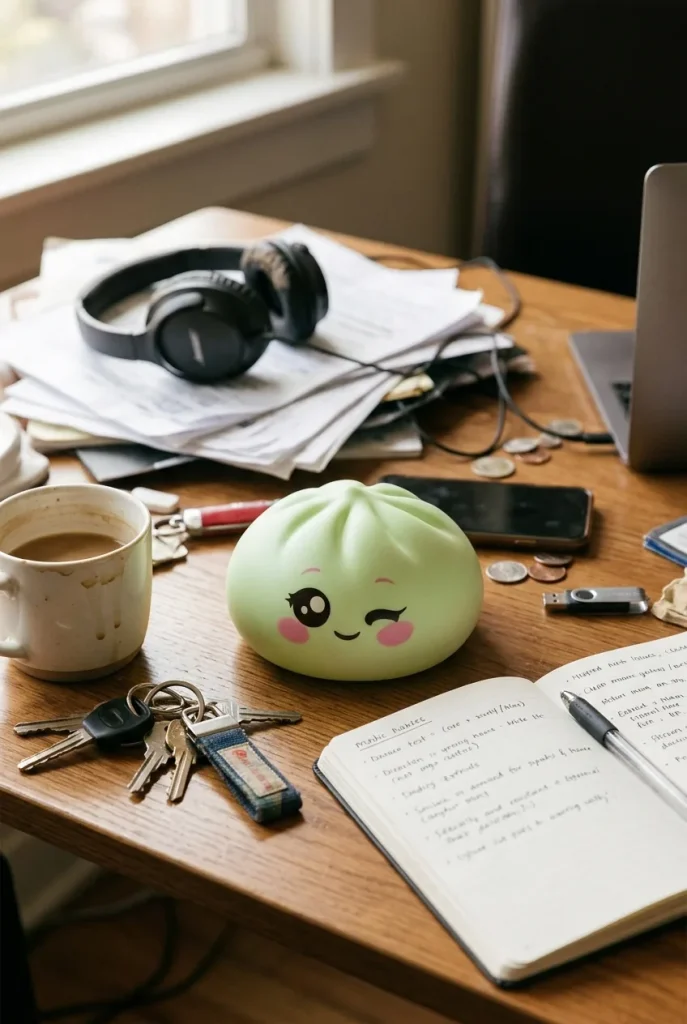 Dumpling Squishy Pistaasinvihreä Silmänisku työpöydällä
