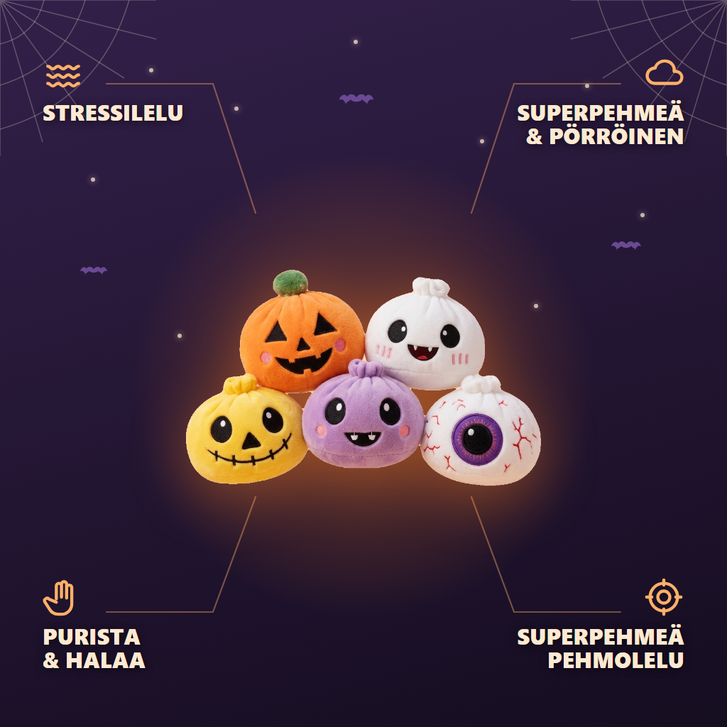 Squishy Dumpling Halloween Karmiva 5 kpl -setti infografiikka: tärkeimmät edut