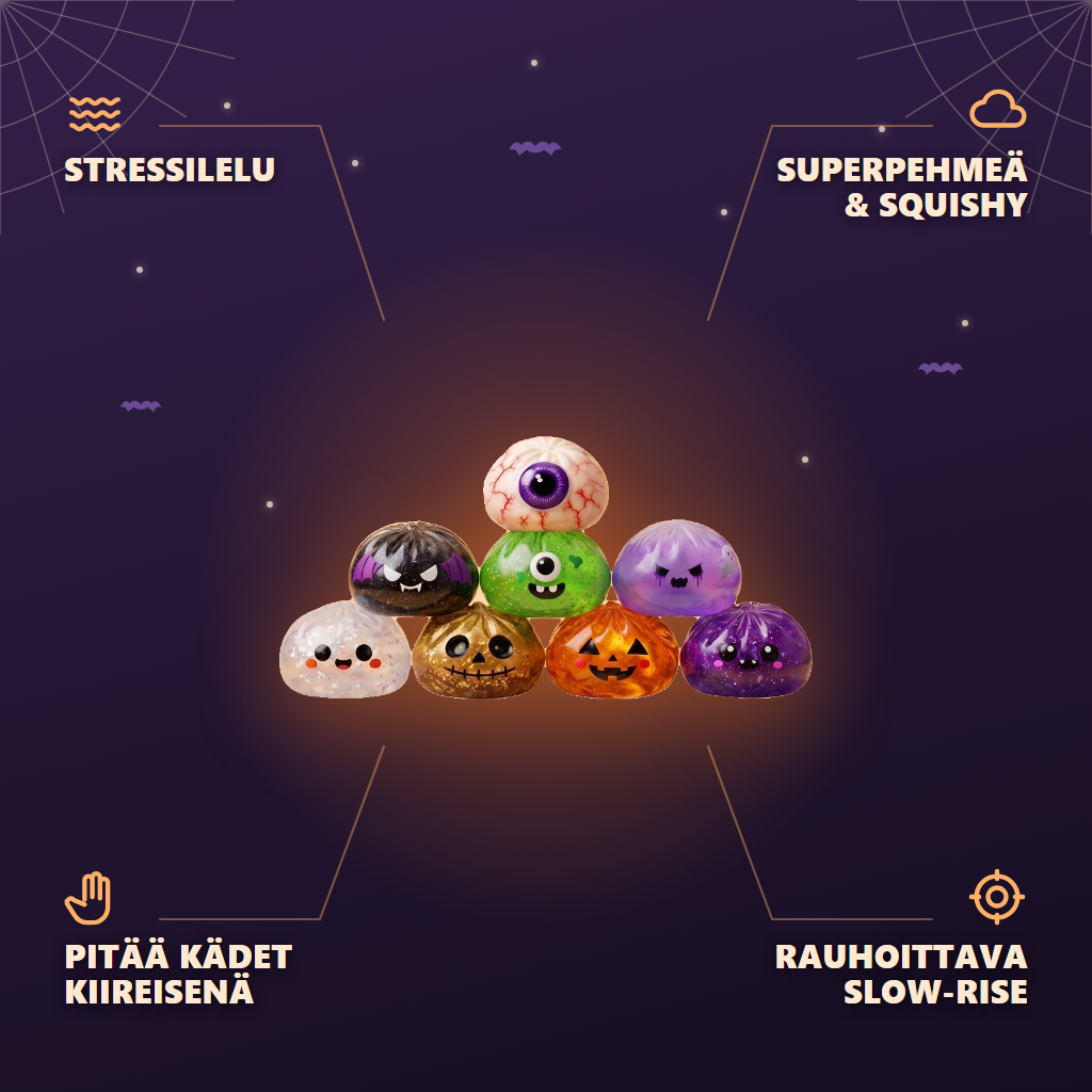 Squishy Dumpling Halloween XXL -setti (8 kpl) infografiikka: tärkeimmät edut