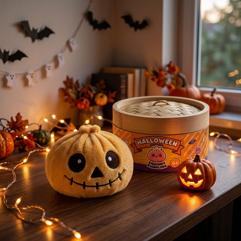 Squishy Dumpling Luuranko Halloween Hymyilevä arkisessa asetelmassa