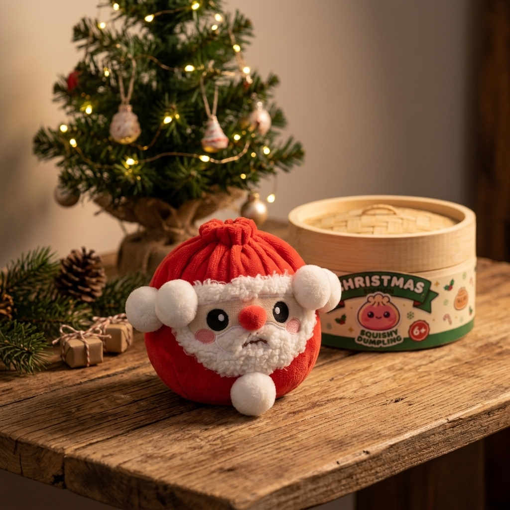 Squishy Dumpling Mystery Joulu -yllätyspehmo arkisessa asetelmassa