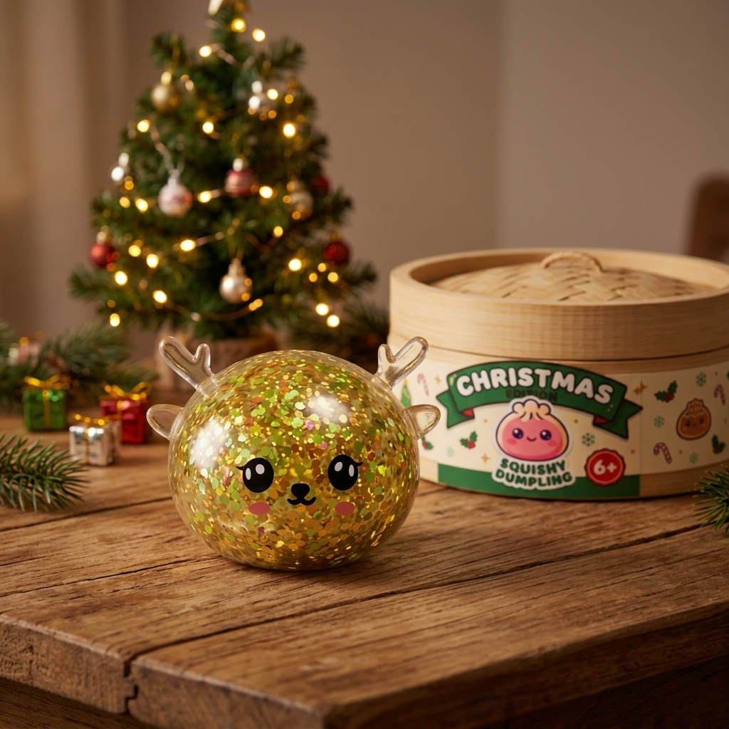 Glitter Dumpling Squishy Mystery Poro arkisessa asetelmassa